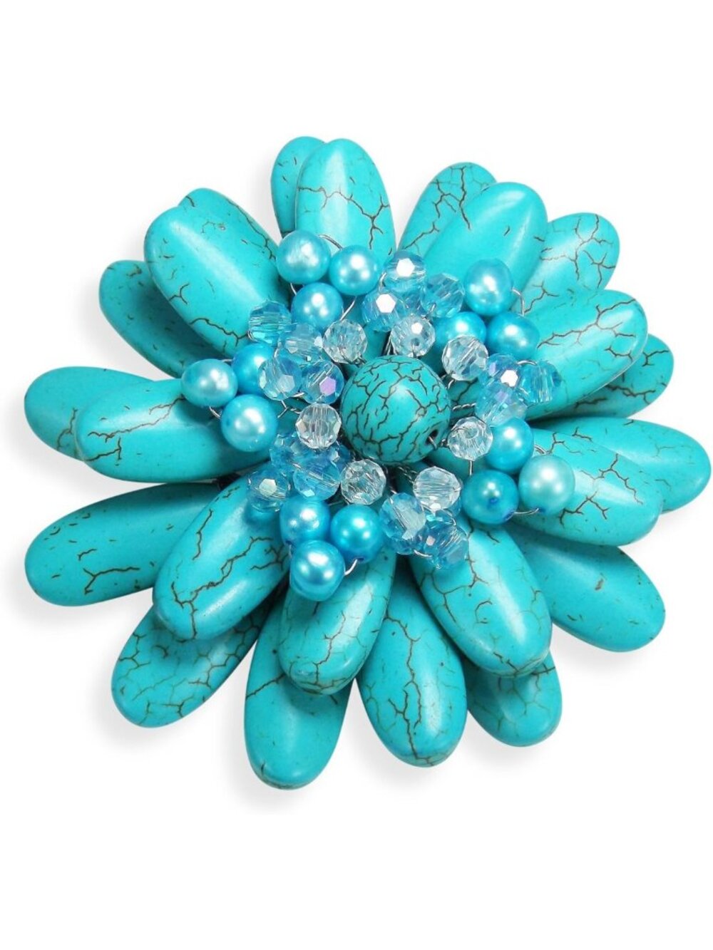 Handmade Floral Water Lily Brooch with Turquoise & Freshwater Pearls - Nature